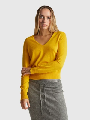 Benetton, Ocher Yellow V-neck Sweater In Pure Merino Wool, Size: XXS, Mustard, Women United Colors of Benetton