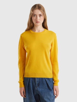 Benetton, Ochre Yellow Crew Neck Sweater In Pure Merino Wool, size L, Mustard, Women United Colors of Benetton