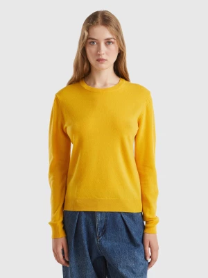 Benetton, Ochre Yellow Crew Neck Sweater In Pure Merino Wool, size L, Mustard, Women United Colors of Benetton