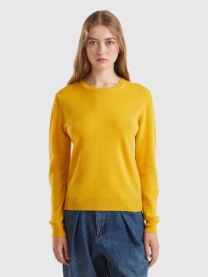 Benetton, Ochre Yellow Crew Neck Sweater In Pure Merino Wool, size XL, Mustard, Women United Colors of Benetton