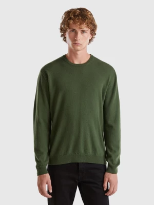 Benetton, Olive Green Crew Neck Sweater In Pure Merino Wool, size L, , Men United Colors of Benetton