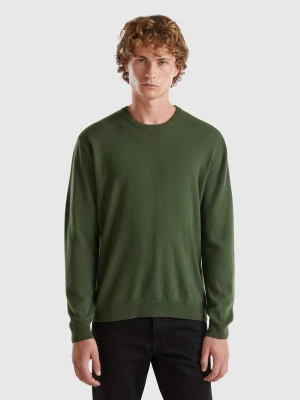 Benetton, Olive Green Crew Neck Sweater In Pure Merino Wool, size L, , Men United Colors of Benetton