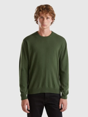 Benetton, Olive Green Crew Neck Sweater In Pure Merino Wool, size XL, , Men United Colors of Benetton