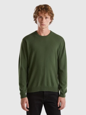 Benetton, Olive Green Crew Neck Sweater In Pure Merino Wool, size XL, , Men United Colors of Benetton