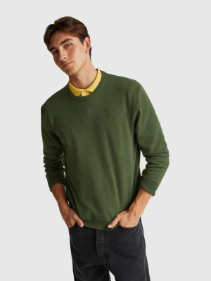 Benetton, Olive Green Crew Neck Sweater In Pure Merino Wool, Size: S, Men United Colors of Benetton