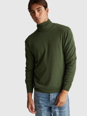Benetton, Olive Green Turtleneck In Pure Merino Wool, Size: XS, Men United Colors of Benetton