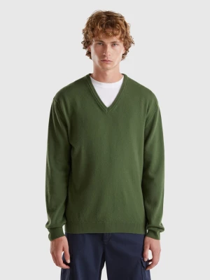 Benetton, Olive Green V-neck Sweater In Pure Merino Wool, size L, , Men United Colors of Benetton