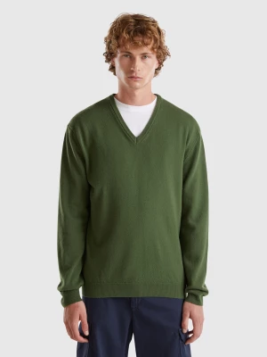 Benetton, Olive Green V-neck Sweater In Pure Merino Wool, size L, , Men United Colors of Benetton