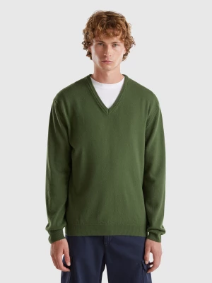 Benetton, Olive Green V-neck Sweater In Pure Merino Wool, size S, , Men United Colors of Benetton