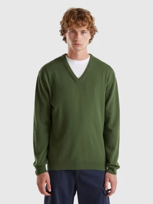 Benetton, Olive Green V-neck Sweater In Pure Merino Wool, size XL, , Men United Colors of Benetton