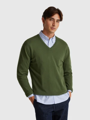 Benetton, Olive Green V-neck Sweater In Pure Merino Wool, size XS, , Men United Colors of Benetton