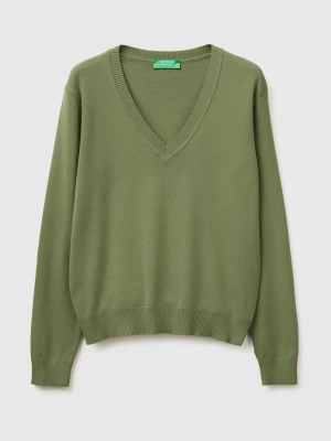 Benetton, Olive Green V-neck Sweater In Tricot Cotton, Size: XL, Women United Colors of Benetton