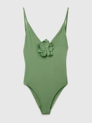 Benetton, One-piece Swimsuit With Flower Application, Green, Women United Colors Of Benetton