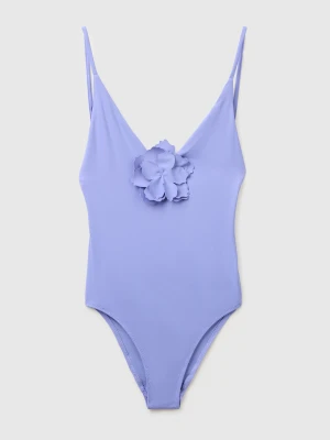 Benetton, One-piece Swimsuit With Flower Application, Lavender, Women United Colors Of Benetton