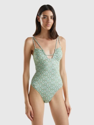 Benetton, One-piece Swimsuit With Flower Print, size 2°, Military Green, Women United Colors of Benetton