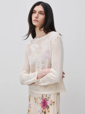 Benetton, Openwork Sweater With Flowers, Size: XS, Creamy White, Women United Colors of Benetton