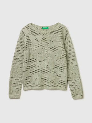 Benetton, Openwork Sweater With Flowers, Size: XS, Light Green, Women United Colors of Benetton