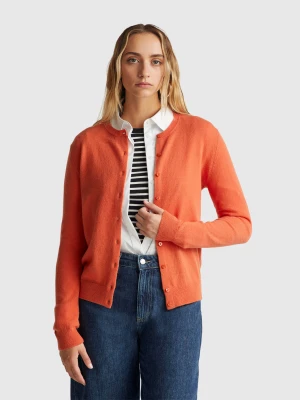 Benetton, Orange Crew Neck Cardigan In Pure Merino Wool, Size: XXS, Orange, Women United Colors of Benetton