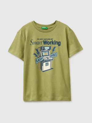 Benetton, Organic Cotton Printed T-shirt, Size: XL, Military Green, Kids United Colors of Benetton