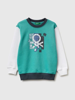 Benetton, Organic Cotton Sweatshirt With Logo Print, Size: 116, Aqua, Kids United Colors of Benetton
