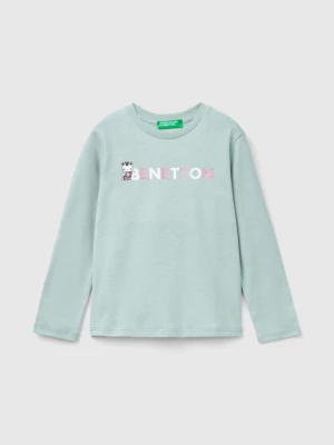 Benetton, Organic Cotton T-shirt With Glittery Print, size 104, Pearl Gray, Kids United Colors of Benetton