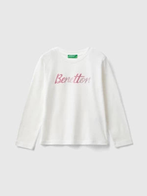 Benetton, Organic Cotton T-shirt With Glittery Print, size 104, White, Kids United Colors of Benetton