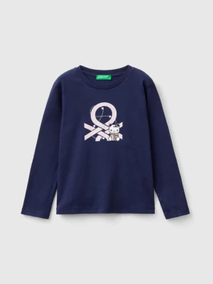 Benetton, Organic Cotton T-shirt With Glittery Print, size 110, Dark Blue, Kids United Colors of Benetton