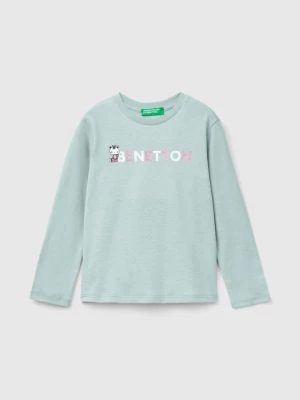 Benetton, Organic Cotton T-shirt With Glittery Print, size 110, Pearl Gray, Kids United Colors of Benetton