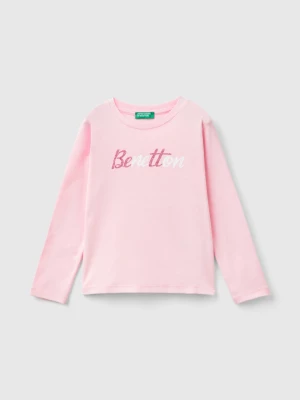 Benetton, Organic Cotton T-shirt With Glittery Print, size 110, Pink, Kids United Colors of Benetton