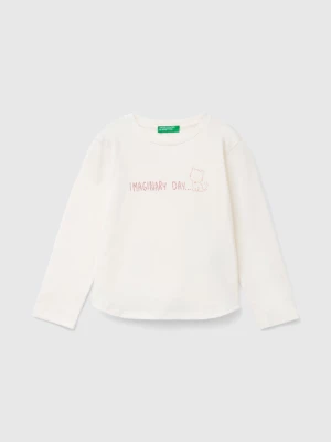 Benetton, Organic Cotton T-shirt With Glittery Print, size 116, Creamy White, Kids United Colors of Benetton