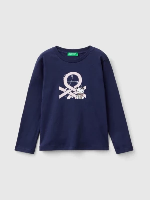 Benetton, Organic Cotton T-shirt With Glittery Print, size 116, Dark Blue, Kids United Colors of Benetton