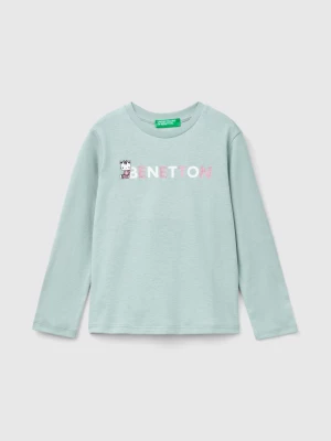 Benetton, Organic Cotton T-shirt With Glittery Print, size 116, Pearl Gray, Kids United Colors of Benetton