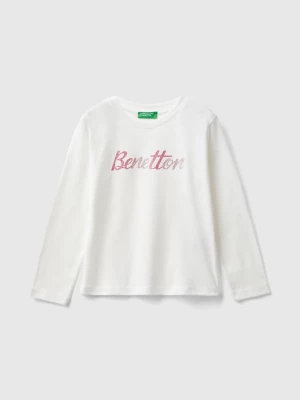 Benetton, Organic Cotton T-shirt With Glittery Print, size 116, White, Kids United Colors of Benetton