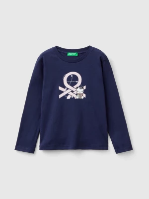 Benetton, Organic Cotton T-shirt With Glittery Print, size 90, Dark Blue, Kids United Colors of Benetton