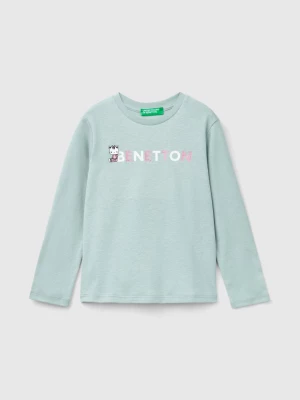 Benetton, Organic Cotton T-shirt With Glittery Print, size 90, Pearl Gray, Kids United Colors of Benetton