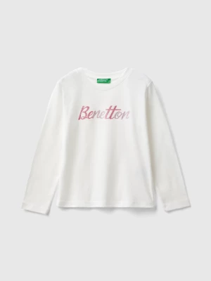 Benetton, Organic Cotton T-shirt With Glittery Print, size 90, White, Kids United Colors of Benetton