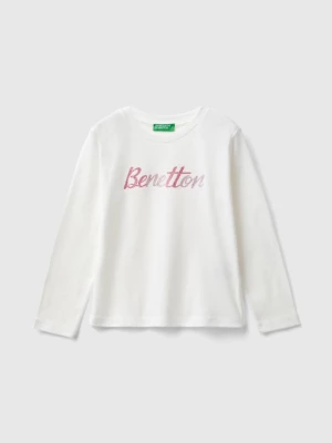 Benetton, Organic Cotton T-shirt With Glittery Print, size 98, White, Kids United Colors of Benetton