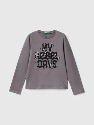 Benetton, Organic Cotton T-shirt With Sequins, size L, Dark Gray, Kids United Colors of Benetton