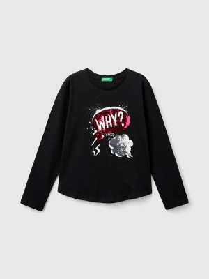 Benetton, Organic Cotton T-shirt With Sequins, size S, Black, Kids United Colors of Benetton