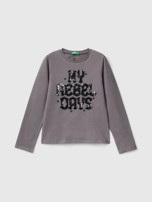 Benetton, Organic Cotton T-shirt With Sequins, size S, Dark Gray, Kids United Colors of Benetton