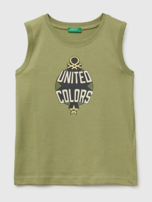 Benetton, Organic Cotton Tank Top With Logo Print, Size: XL, Military Green, Kids United Colors of Benetton