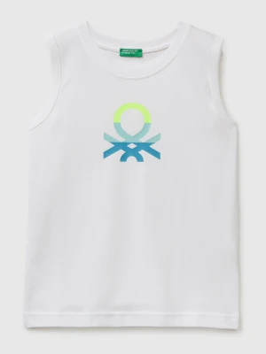Benetton, Organic Cotton Tank Top With Logo Print, Size: XL, White, Kids United Colors of Benetton