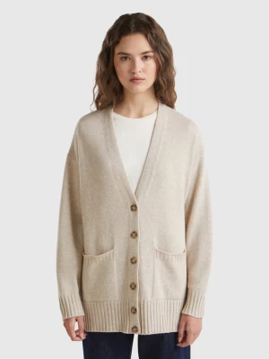 Benetton, Oversized Fit Cardigan In Wool Blend, size L, Beige, Women United Colors of Benetton