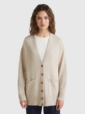 Benetton, Oversized Fit Cardigan In Wool Blend, size M, Beige, Women United Colors of Benetton