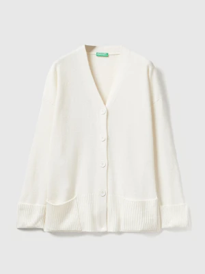 Benetton, Oversized Fit Cardigan In Wool Blend, Size: XXS, Creamy White, Women United Colors of Benetton