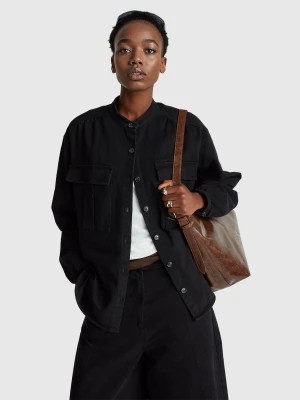 Benetton, Oversized Fit Shirt With Mandarin Collar, Size: S, Black, Women United Colors of Benetton