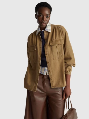 Benetton, Oversized Fit Shirt With Mandarin Collar, Size: XS, Brown, Women United Colors of Benetton