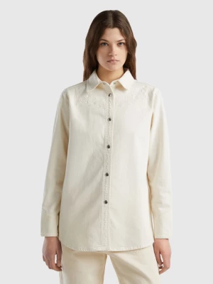 Benetton, Oversized Shirt With Floral Embroidery, size XXS, Creamy White, Women United Colors of Benetton