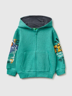 Benetton, Oversized Sweatshirt With Zip And Prints, Size: 116, Aqua, Kids United Colors of Benetton