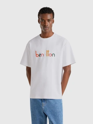 Benetton, Oversized T-shirt With Logo Embroidery, size XS, White, Men United Colors of Benetton